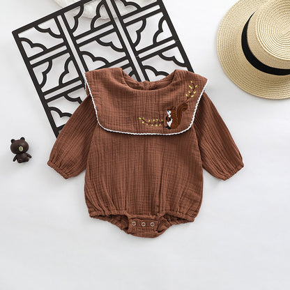 Fresh Arrivals at Buy Center: Girls' Baby Cotton Lapel Deer Embroidered One-piece Romper Coffee