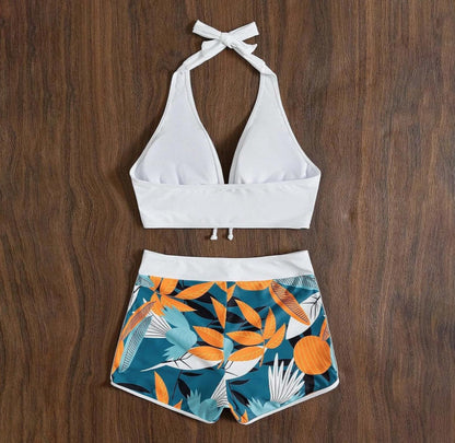 Fresh Arrivals at Buy Center: Solid Color Top Split Swimsuit Women's Leaf Print Boxers Strap