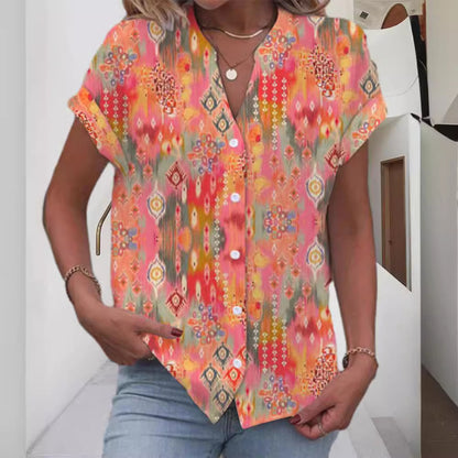 New Cross-border European And American Printed Button V-neck Short-sleeved Top Women's Clothing