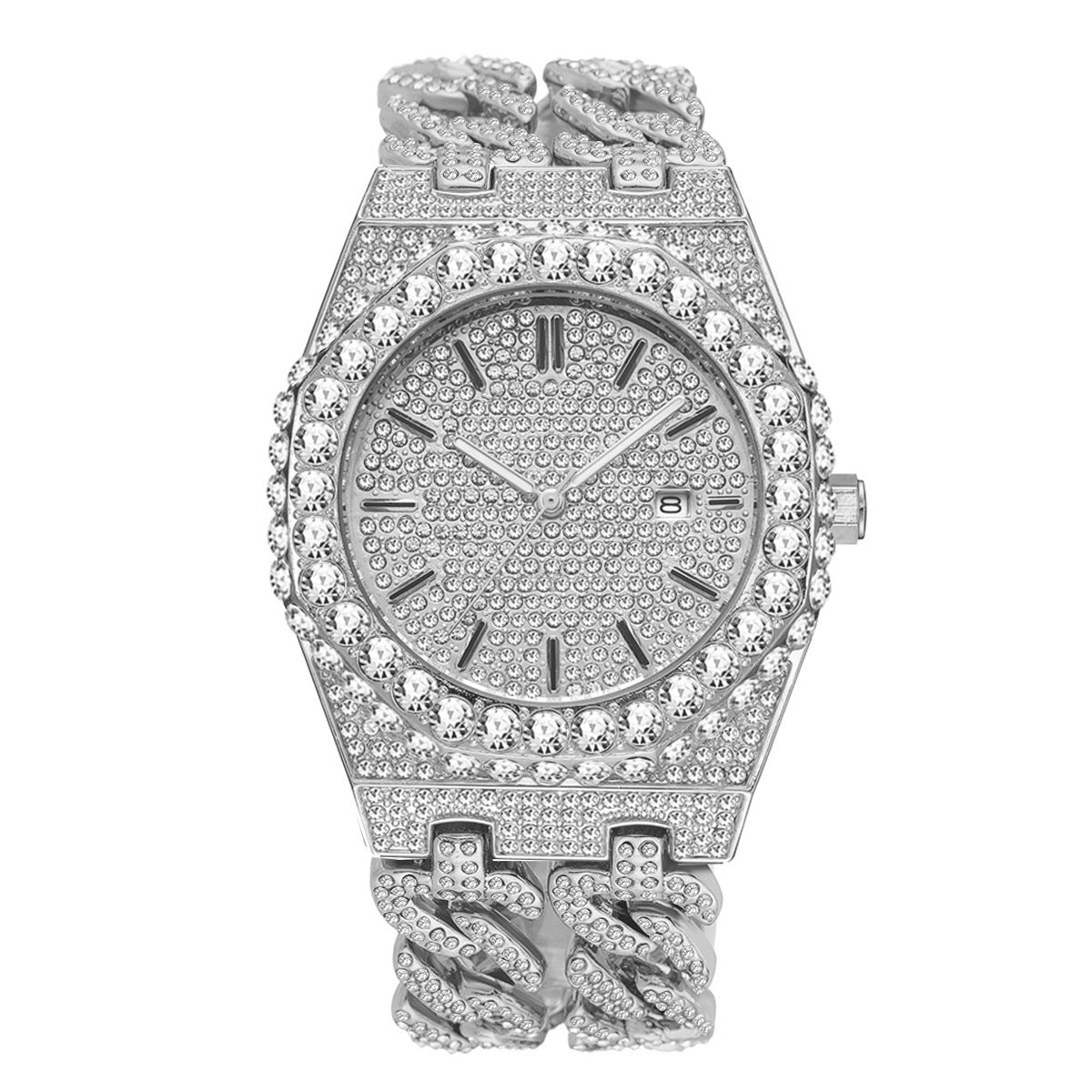 Reloj de cuarzo con cadena de eslabones cubanos estilo hip hop para hombre con diamantes helados