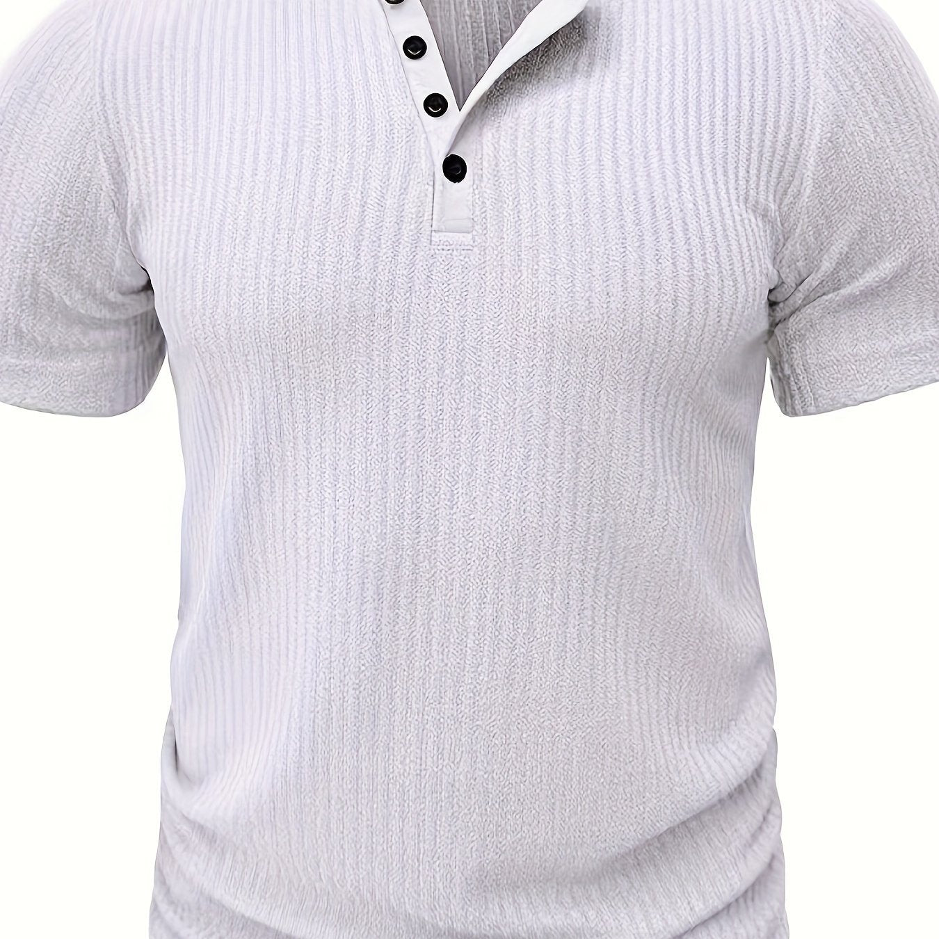 Solid Stripe Pattern Knit Short Sleeve T-shirt With Henley Neck, Chic And Stylish Sports Tops For Men's Summer Leisurewear And Outdoors Activities