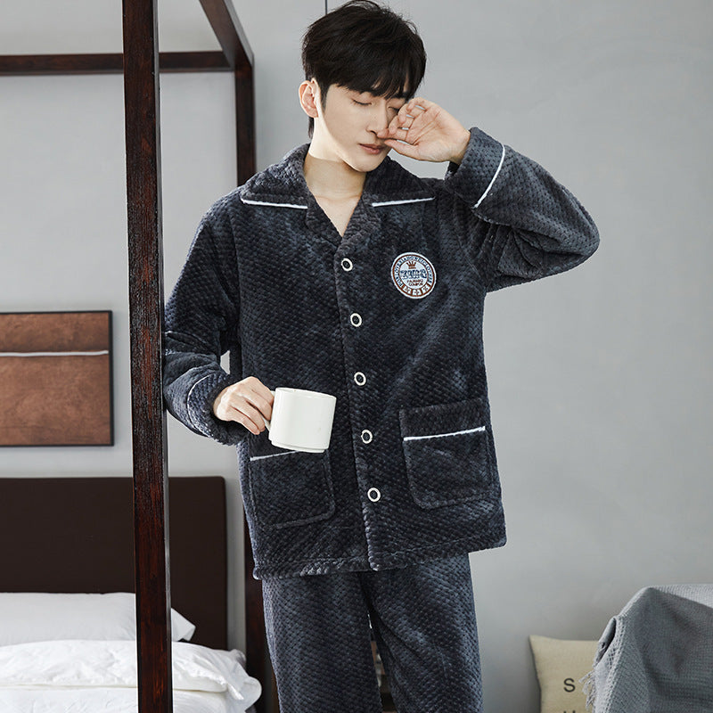 Autumn And Winter Flannel Men's Pajamas Men's Lapel Cardigan Buy Center