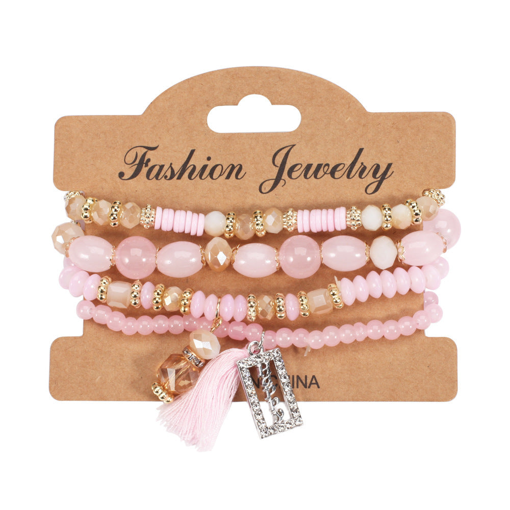 Buy Center Exclusive Offer-Bohemian Tassel Crystal Pendant Multi-layer Vintage Bead Bracelet Pink