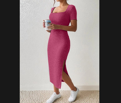 New Square Collar Side Slit Rib Knit Dress Pink