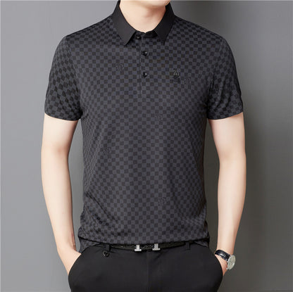 Newly Released at Buy Center: Men's Lapel Plaid Printed Seamless High Elasticity Ice Silk Short Sleeve 827 Gray