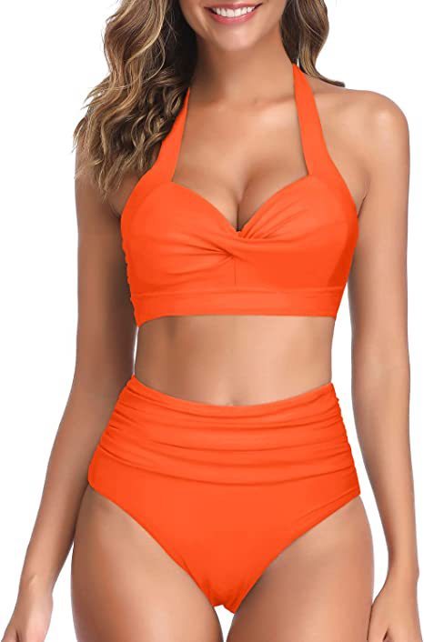 New Split Bow Bikini Seaside Vacation Swimwear Orange Red