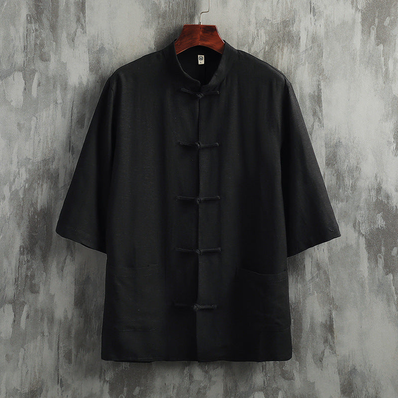 Fresh Arrivals at Buy Center: Stand Collar Linen Men's Short Sleeve Cotton Linen Shirt Black