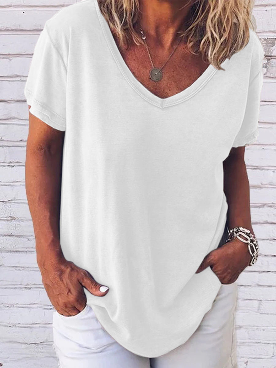 Buy Center Excellence-Cross Border Large V-neck Printed T-shirt Popular Foreign Trade Loose Leisure All-matching Short Sleeve White