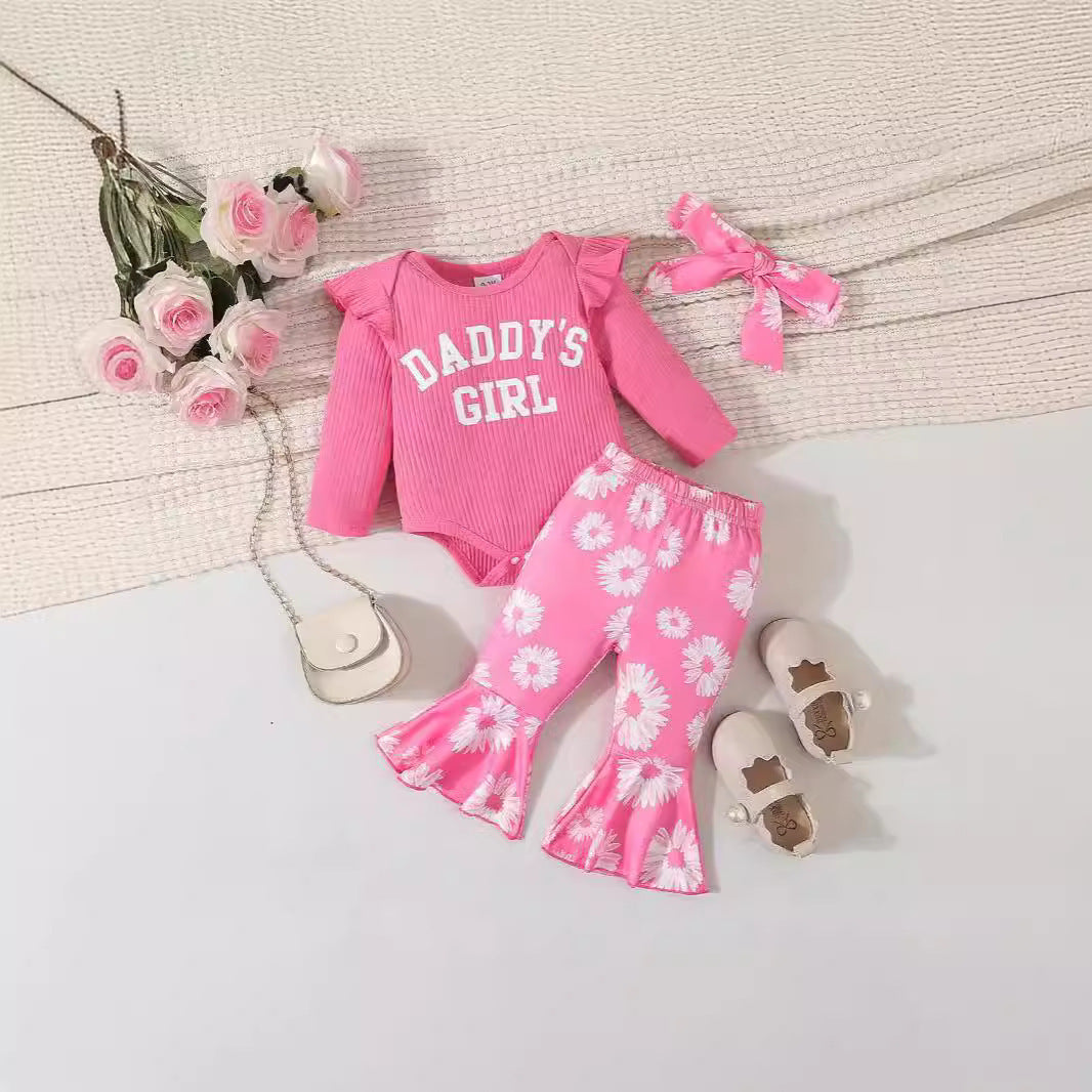 Fresh Arrivals at Buy Center: Baby Girl Cartoon Animal Flower Bell-bottom Pants Long Sleeve Headdress Three-piece Set