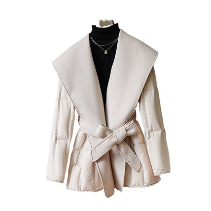 Reversible Cashmere Coat Stitching White Duck Down Coat Waist-tight Wool Down Jacket Buy Center