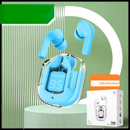 New Mini Transparent Wireless Bluetooth Headset Digital Display ENC Noise Reduction True Wireless Sports Music Small square box blue