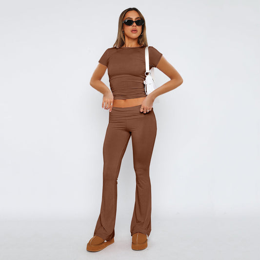 Buy Center Trend-Fashion Slimming Solid Color Blouse And Pants Women Brown Suit Short Sleeve