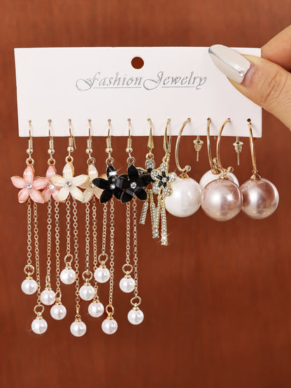 New Combination Style 6 Pairs Of Temperament Personality Internet Famous Long Pearl Earrings With Crystal Flowers Simple And Versatile Earrings Colorful