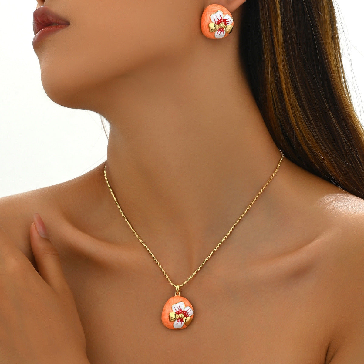 Buy Center Exclusive Offer-Necklace And Earrings Suite Women's Oil-coated Flower Design XL54075