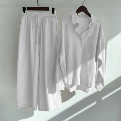 Buy Center Hot Pick-Cross-border Women's Ancient Cotton And Linen Shirt Outfit High Waist Loose Trousers White