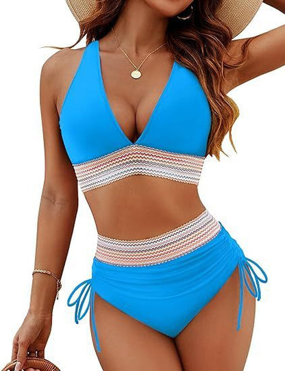 New Fashion Women's High Waist Bikini Split Suit Lake Blue