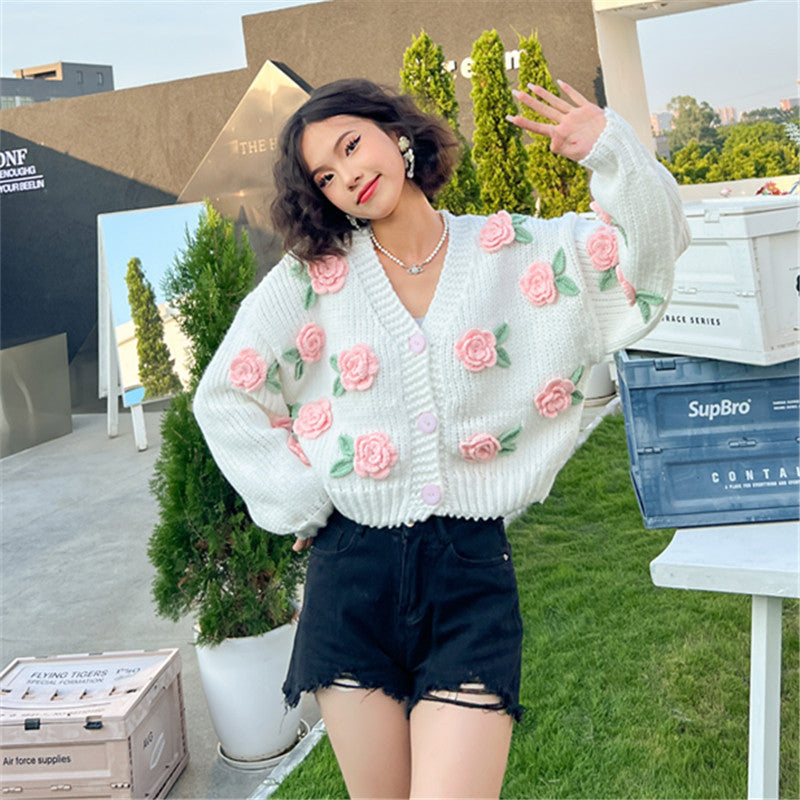 Buy Center Picks-New Knitting Needle Sweater Thick Knitted Cardigan Three-dimensional Rose Flower Sweet Coat For Women