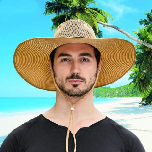 Sombrero de paja de ala grande de malla transpirable para hombre, protección solar para exteriores