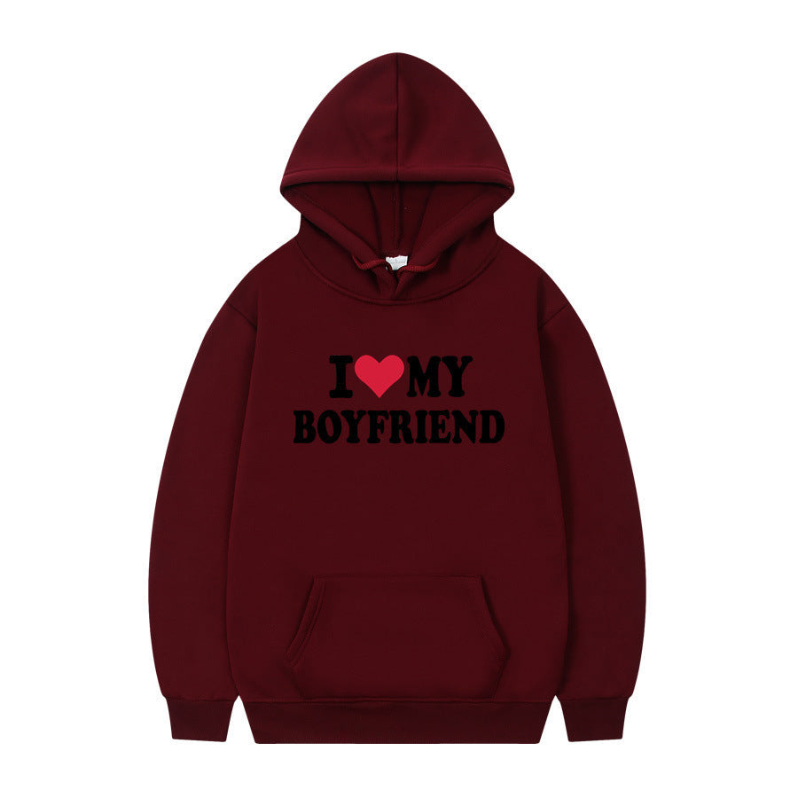 New at Buy Center: I Love My Boyfriend Print Hoodie Sweatshirt Pullover Wine Red 1