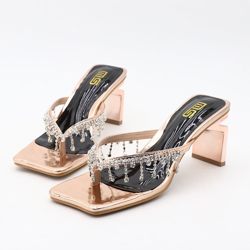 Square Toe Rhinestone High-heeled Outdoor Women's Fashionable Chunky Heel Plus Size Sandals Buy Center