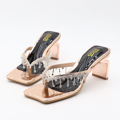 Square Toe Rhinestone High-heeled Outdoor Women's Fashionable Chunky Heel Plus Size Sandals Buy Center