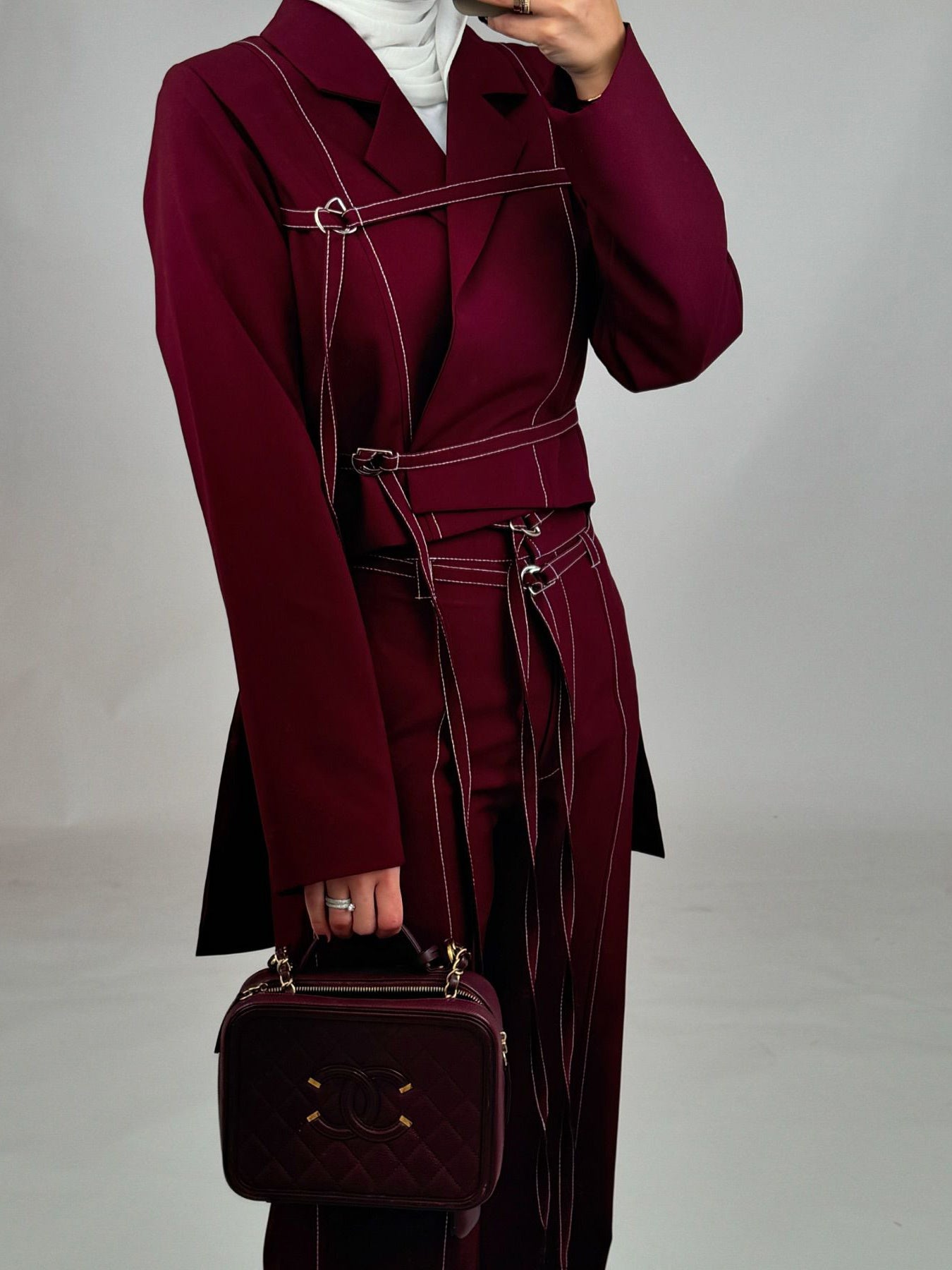 Burgundy Lace-up Top & High-waisted Pants Set Buy Center