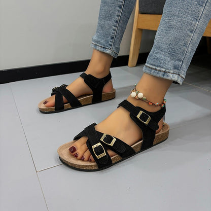 Just Arrived at Buy Center: Women's Belt Buckle Cross Strap Large Size Flat Bottom Casual Slippers Black