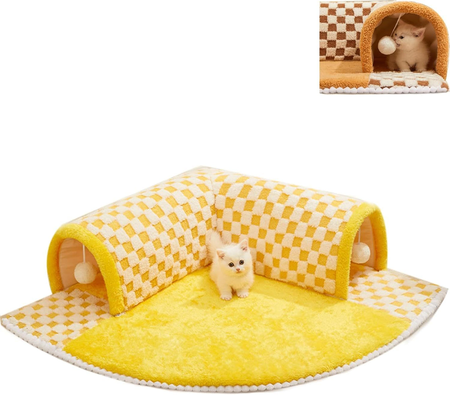 Buy Center Trend-Funny Plush Plaid Cat Tunnel Cat Bed Cat Tunnel Bed With Central Mat Plush Plaid Tunnel Cat Bed Zipper Cat Tunnel For Indoor Cats Yellow