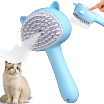 New Cat Steam Brush 4 In 1 Steamy Cat Brush With Handle Rubber Pet Misting Brush With Release Button Dog Comb With Cleanser For Indoor Kittens Small Animals Blue