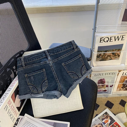 Fresh Arrivals at Buy Center: Low Waist Curling Washed Denim Super Short Shorts