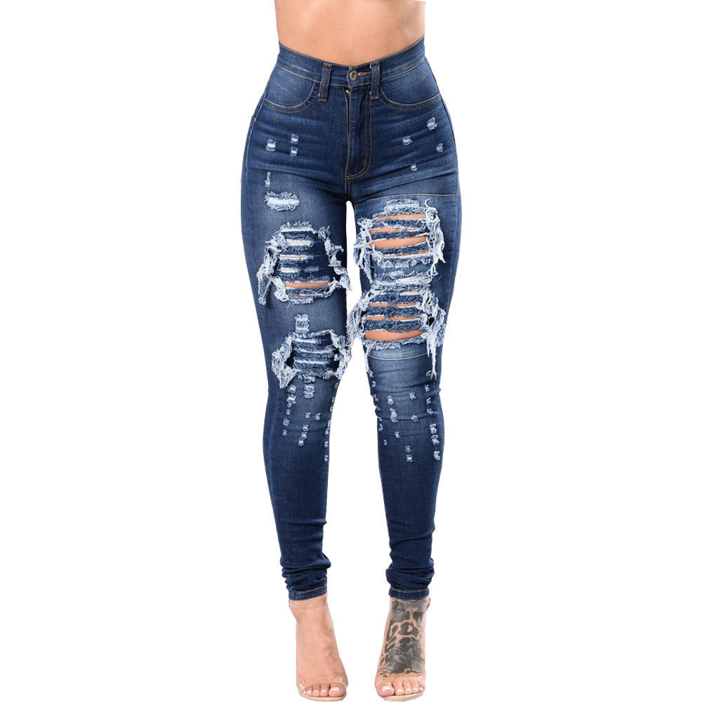 Buy Center Handpicked- Women's Ripped Denim Washed Denim Pants Dark Blue