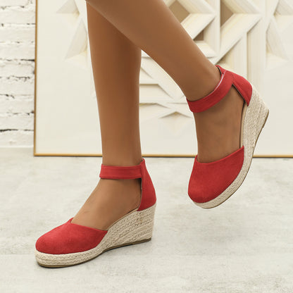 Hot New Items at Buy Center: Stylish Women's Sandals New Closed Toe Wedge Sandals Platform Straw Woven Hemp Rope Red