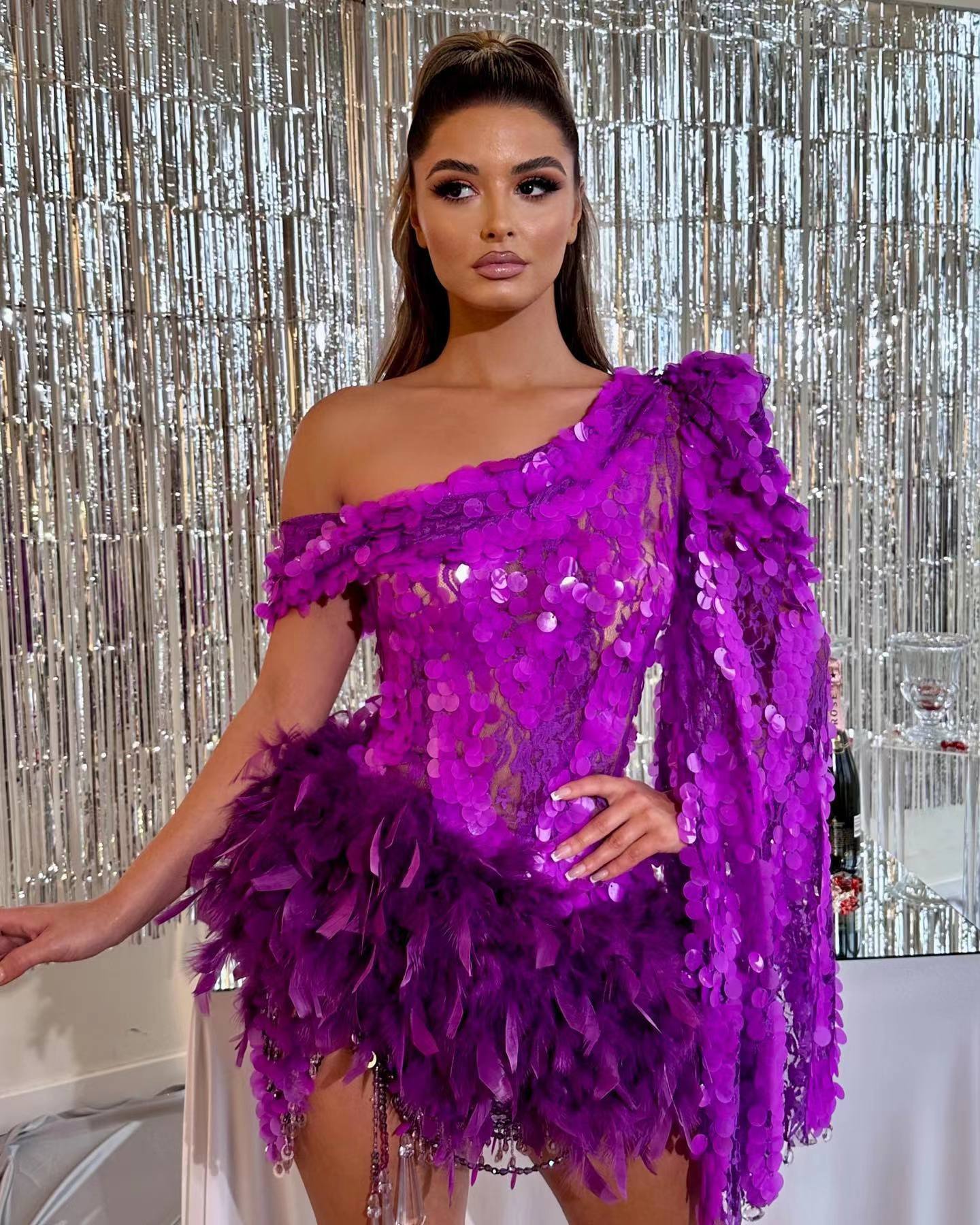 Purple Sequined Feather Skirt One-shoulder Sleeve Short Dress Luxury Party Stage Performance Dress Buy Center