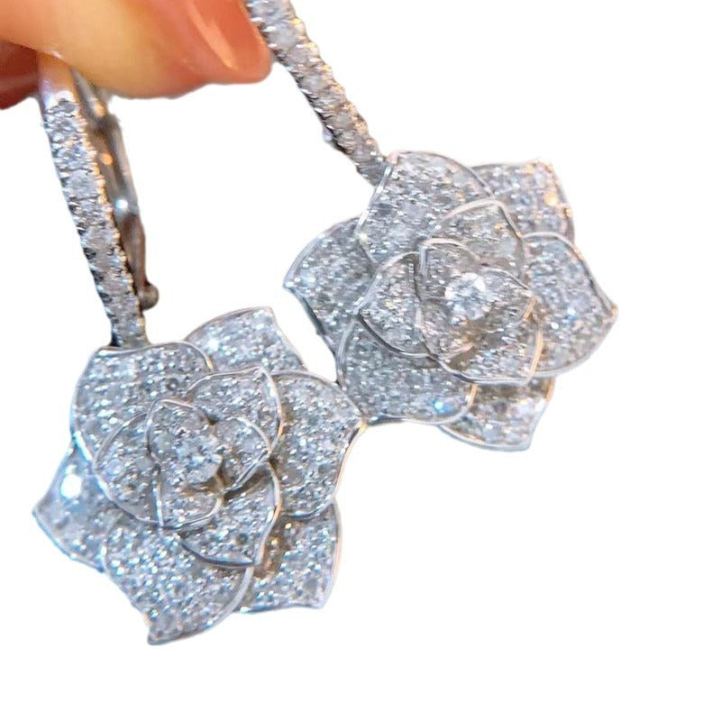 Buy Center Picks-Fully-inlaid High Carbon Diamond Camellia Earrings For Women