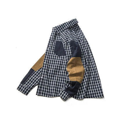 Color Contrast Patchwork Plaid Lapel Shirt Japanese-style Retro Buy Center