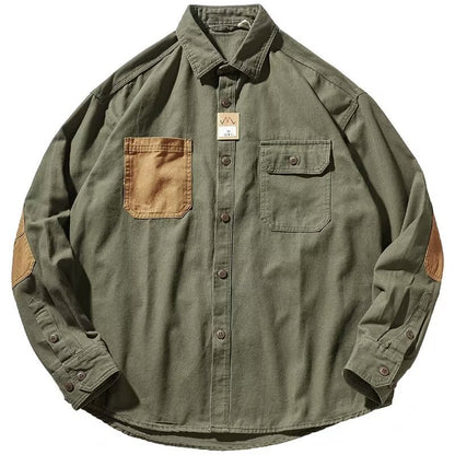 Newly Released at Buy Center: Men Clothing Sleeve Stick Cloth Washed Cotton Long-sleeved Shirt Men's Daily Tooling Retro Trend Youth Shirt Coat Army Green