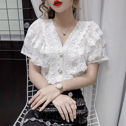 Fresh on the Scene at Buy Center: French Style Elegant V-neck Single-breasted Lace Shirt Western Style White