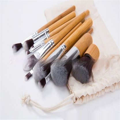 Ensemble de 11 pinceaux de maquillage avec manche en bambou et sac pour outils de beauté