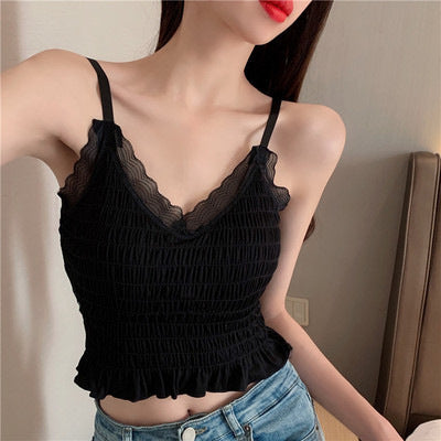 Hot New Items at Buy Center: Internet Hot New French Pleated Lace Small Sling Vest Black Average Size