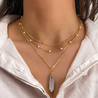 Buy Center Hot Pick-Hexagon Prism Crystal Natural Stone Necklace Hand Winding White Crystal