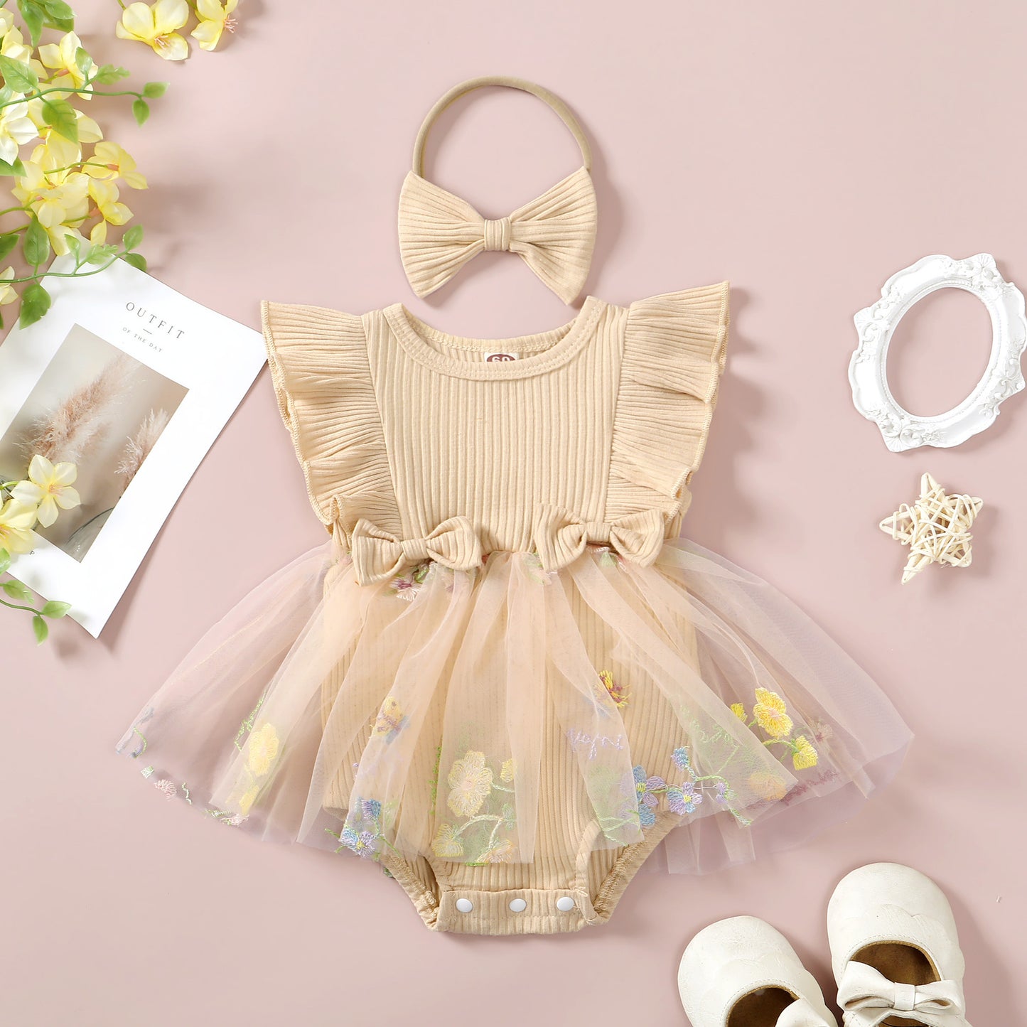 Fresh Arrivals at Buy Center: Baby Girl Embroidered Mesh Princess Dress Headgear Suit Apricot