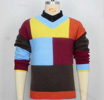 Fashion Youth Men's Knitwear V-neck Color-block Long Sleeve Pullover Buy Center