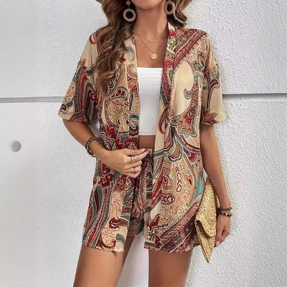 Hot New Items at Buy Center: Holiday Floral Print Elegant Two-piece Shirt Short Sleeve Top Drawstring High Waist Shorts