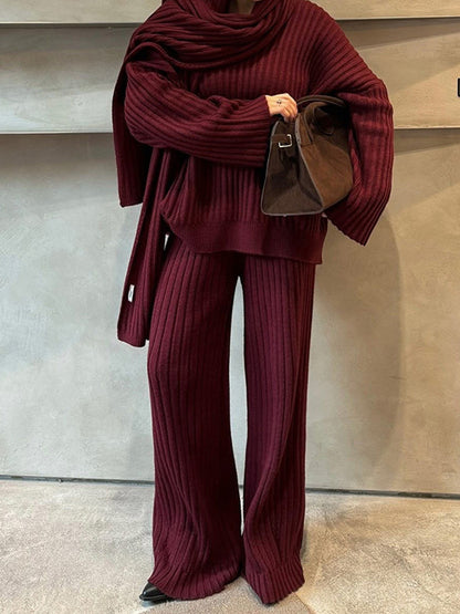 All-match V-neck Long-sleeved Sweater Trousers Suit With Scarf Buy Center