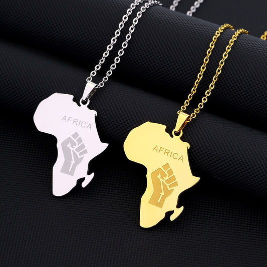 Newly Arrived at Buy Center: Men And Women Couple Titanium Steel Glossy Gold Africa Map Fist Shape Pendant Necklace