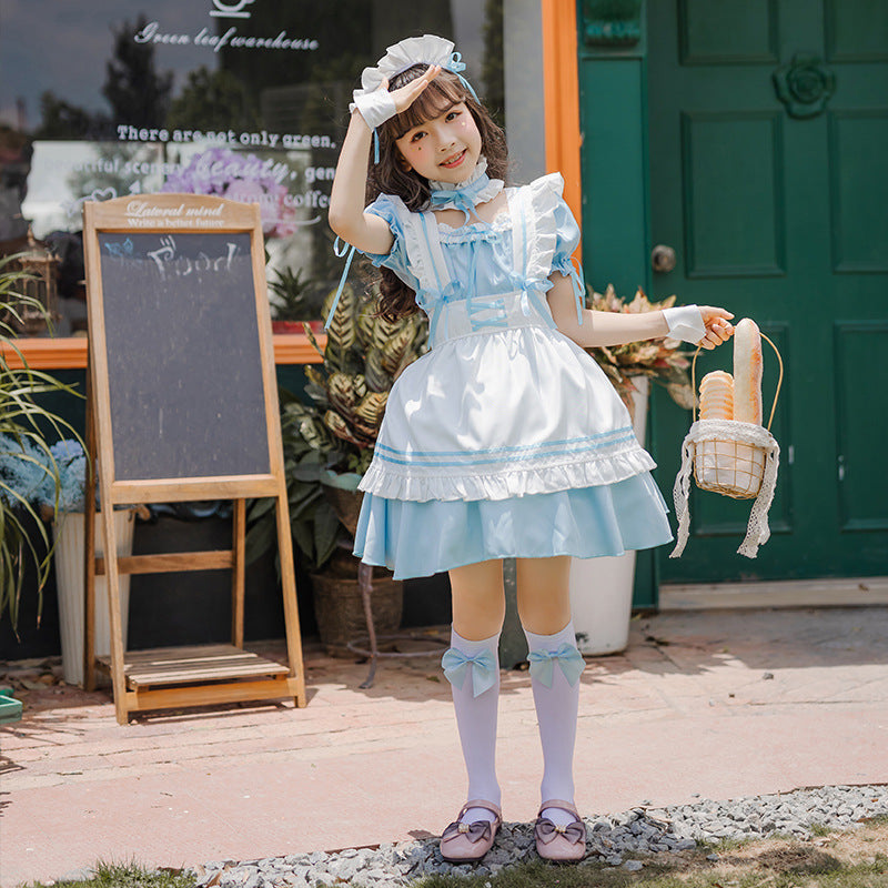 Fresh on the Scene at Buy Center: Japan Girl's Black Maid Costume Loli Maid Cute Lolita Dress Sky Blue Suit 6PCs