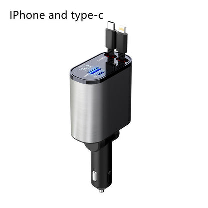 Metal Car Charger 100W Super Fast Charging Car Cigarette Lighter USB And TYPE-C Adapter Metal Silver Gray 100W