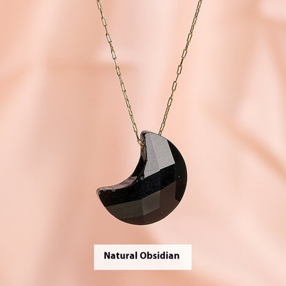 Buy Center Choice-Popular Temperament Natural Stone Cut Moon Titanium Steel Necklace Obsidian 18x14mm