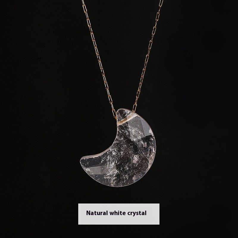 Buy Center Choice-Popular Temperament Natural Stone Cut Moon Titanium Steel Necklace Natural White Crystal 18x14mm