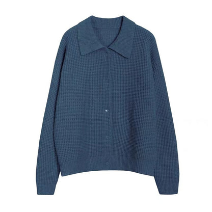 Retro Style Polo Collar Solid Color Loose-fitting Versatile Sweater Knitted Cardigan Buy Center